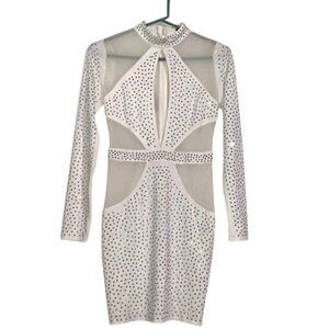 Banjul White Mesh Long Sleeve Rhinestone Embellished Cutout Bodycon Dress M